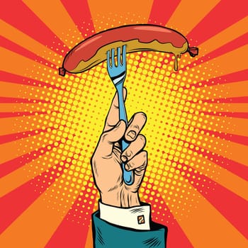 Sausage on a fork, street food, pop art retro vector illustration