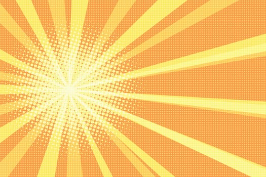 Sunrise, pop art retro vector illustration. Yellow rays on orange background