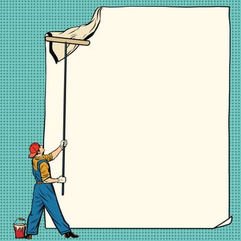 worker painter sticks white poster, pop art retro vector illustration. Ad Billboard