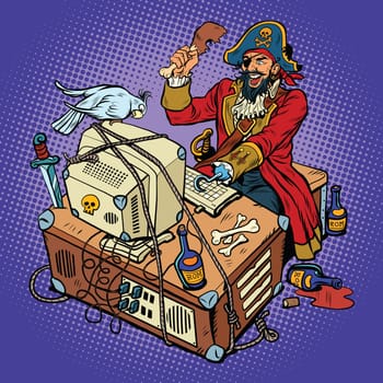 Software piracy, the hacker captain, pop art retro vector illustration. The man in the coat, with a parrot, working at a computer