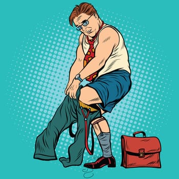 Pop art retro man wears pants, vector illustration. Morning, the businessman going to work