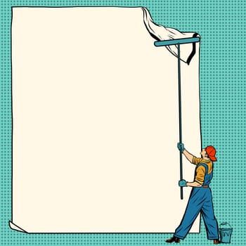 worker painter sticks white poster, pop art retro vector illustration. Ad Billboard