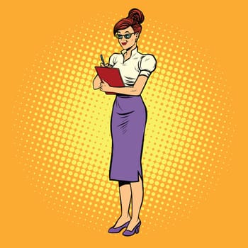 Young woman Secretary writes, pop art retro vector illustration. Businesswoman at work