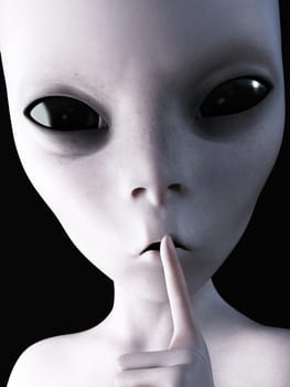 Closeup portrait of an alien hushing with its finger on its lips, 3D rendering. Black background.