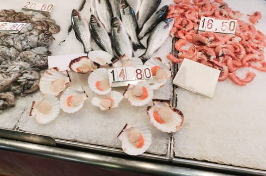 Venetian fish market - fish and prawns. The Rialto fish market is located alongside the Grand Canal near the Rialto Bridge - Venice, Italy