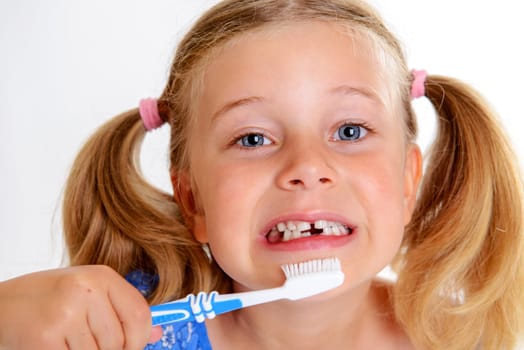 little funny girl with space width and toothbrush