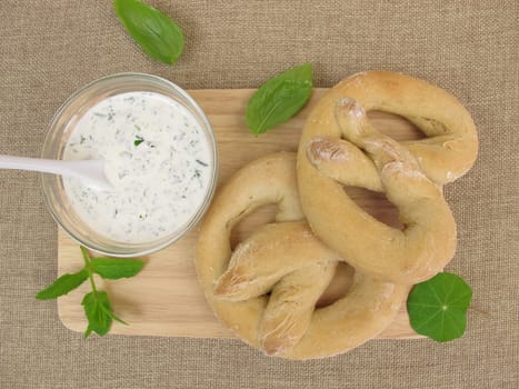 Homemade pretzels with herb cream cheese dip