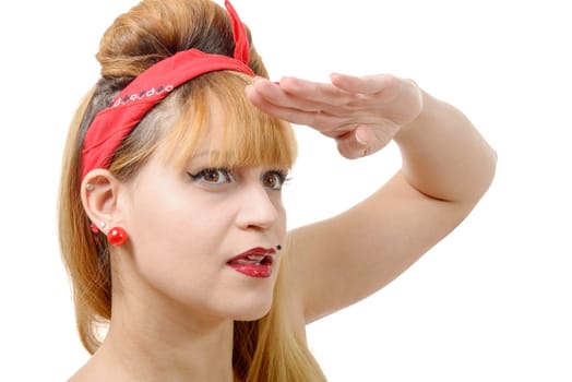 portrait of a pretty girl in retro style on white background
