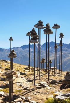 Eggeshorn - View from Aletch Arena on mountains and stone art, Fiesch