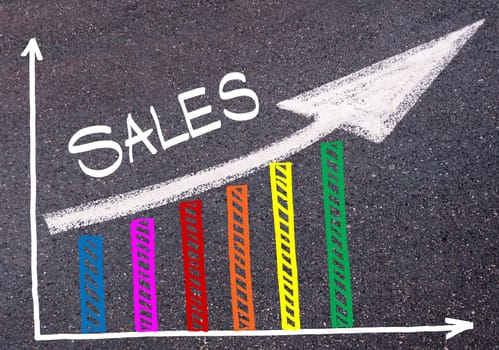 Colorful graph drawn over tarmac and word SALES with directional arrow, business design concept