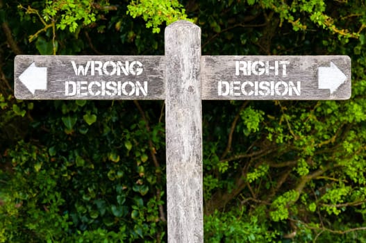 Wooden signpost with two opposite arrows over green leaves background. Wrong Decision versus Right Decision directional signs, Choice concept image