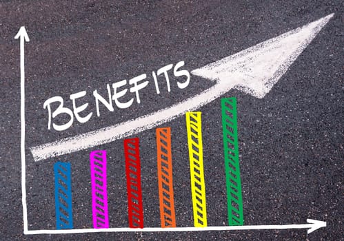 Colorful graph drawn over tarmac and word BENEFITS with directional arrow, business design concept