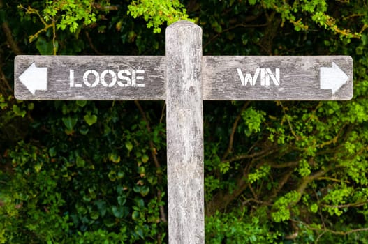Wooden signpost with two opposite arrows over green leaves background. LOOSE versus WIN directional signs, Choice concept image