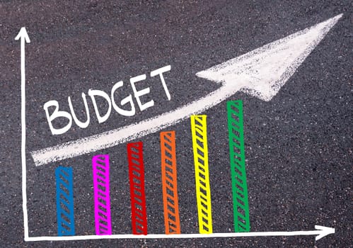 Colorful graph drawn over tarmac and word BUDGET with directional arrow, business design concept