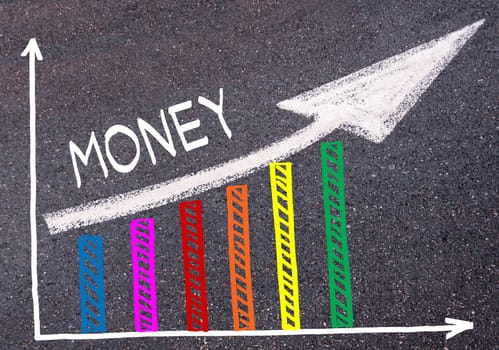 Colorful graph drawn over tarmac and word MONEY with directional arrow, business design concept