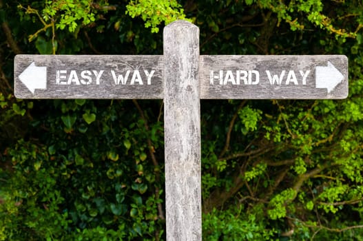Wooden signpost with two opposite arrows over green leaves background. Easy Way versus Hard Way directional signs, Choice concept image