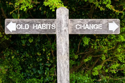 Wooden signpost with two opposite arrows over green leaves background. Old Habits versus Change directional signs, Choice concept image
