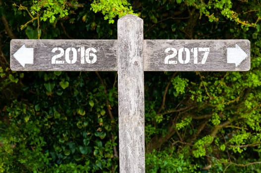 Wooden signpost with two opposite arrows over green leaves background. Year 2016 versus 2017 directional signs, Choice concept image