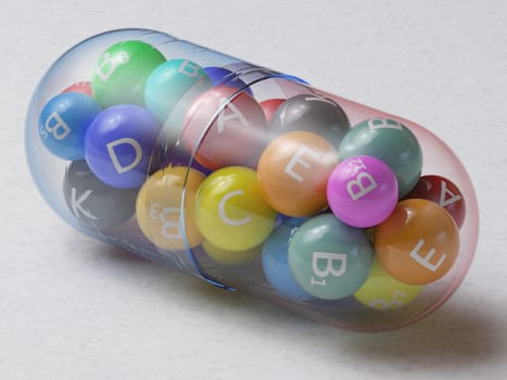 3D illustration. Multivitamin with several vitamins in a single pill. Clipping path included.
