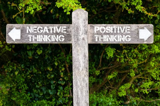 Wooden signpost with two opposite arrows over green leaves background. Negative Thinking versus Positive Thinking directional signs, Choice concept image
