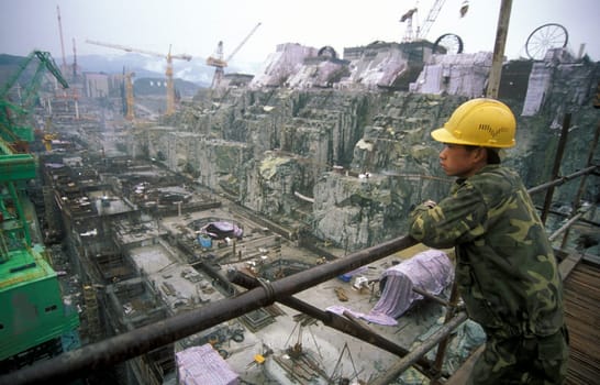 the constructions work at the three gorges dam project on the yangzi river in the province of hubei in china.