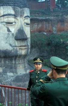 the big Buddha near the city of Leshan in the provinz Sichuan in China in eastasia.