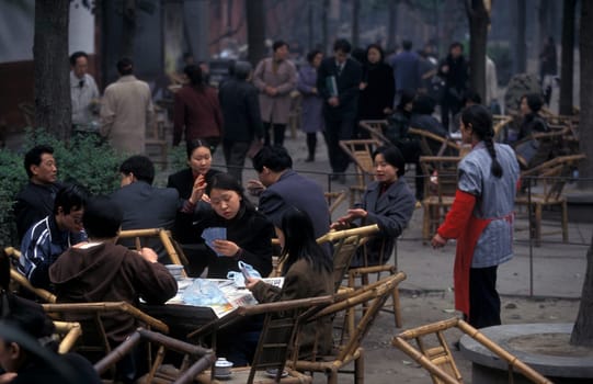Chinese People siting in Tea House in the city of Chengdu in the provinz Sichuan in centrall China.