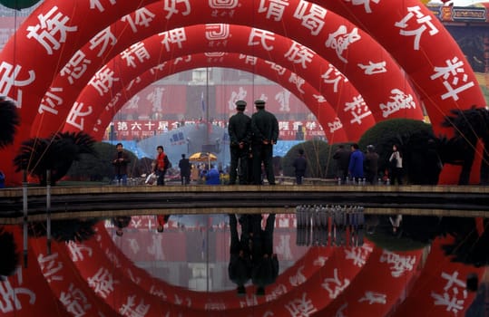 the Statue of Mao on economy fair in the city Square of Chengdu in the provinz Sichuan in centrall China.