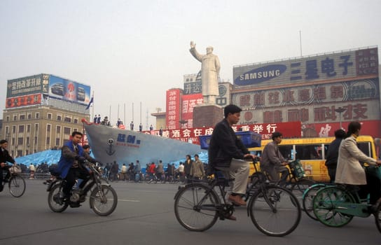 the Statue of Mao on economy fair in the city Square of Chengdu in the provinz Sichuan in centrall China.