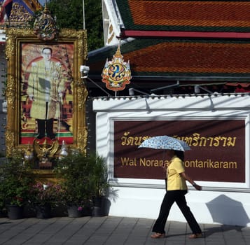 a pictures of the King Bhumibol in the city of Bangkok in Thailand in Southeastasia.