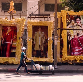 a pictures of the King Bhumibol in the city of Bangkok in Thailand in Southeastasia.