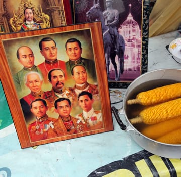a pictures of the King Bhumibol in the city of Bangkok in Thailand in Southeastasia.