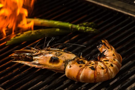 Grilled prawns on the grill. Shallow dof.