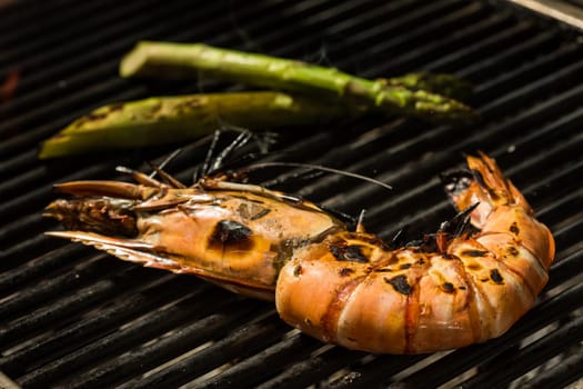 Grilled prawns on the grill. Shallow dof.