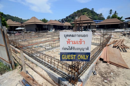 A Hotel is in construction in the Town of Ko PhiPhi on Ko Phi Phi Island outside of  the City of Krabi on the Andaman Sea in the south of Thailand.