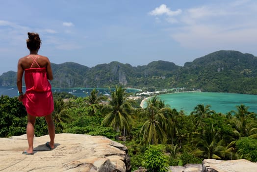 The view from the Viewpoint on the Town of Ko PhiPhi on Ko Phi Phi Island outside of the City of Krabi on the Andaman Sea in the south of Thailand.