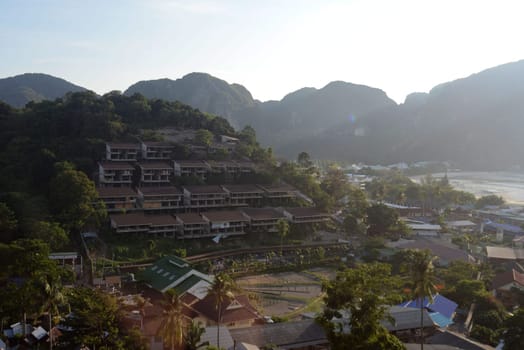 The view from the Viewpoint on the Town of Ko PhiPhi on Ko Phi Phi Island outside of the City of Krabi on the Andaman Sea in the south of Thailand.