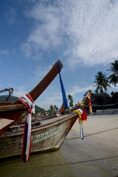 a Boat on the way to Maya Beach  near the Ko Phi Phi Island outside of the City of Krabi on the Andaman Sea in the south of Thailand.