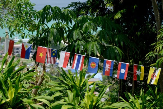 Flags of the ASEAN Nations in the Town of Ko PhiPhi on Ko Phi Phi Island outside of the City of Krabi on the Andaman Sea in the south of Thailand.