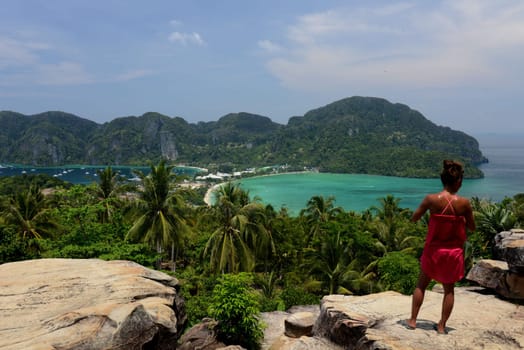 The view from the Viewpoint on the Town of Ko PhiPhi on Ko Phi Phi Island outside of the City of Krabi on the Andaman Sea in the south of Thailand.