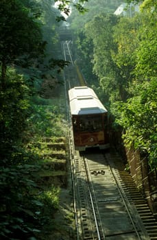 The Peak Tram on the way to the Peak in Hong Kong in the south of China in Asia.