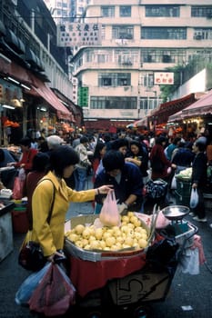a food Market in Kowloon in Hong Kong in the south of China in Asia.