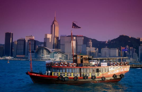 a traditional Boat in the harbour of Kowloon in Hong Kong in the south of China in Asia.