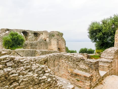 Ruins of Catullus Caves, roman villa in Sirmione, Garda Lake, Italy