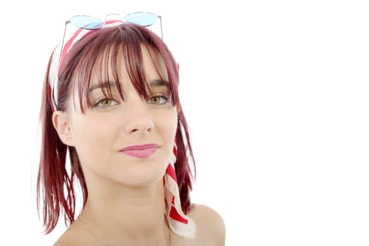 portrait of beautiful young woman with red hairs, on white background