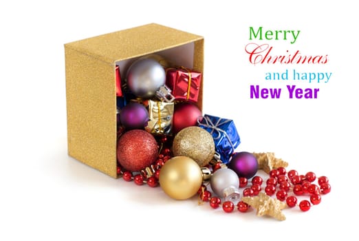 Colorful Christmas decorations - baubles, garland and gift box