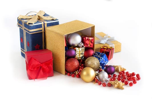 Colorful Christmas decorations - baubles, garland and gift box