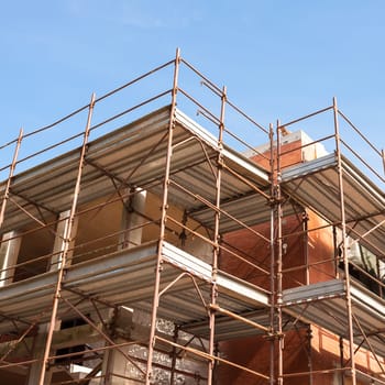 Construction scaffolding of a building under renovation.
