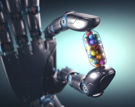 3D illustration. Robot hand holding a multivitamin pill.