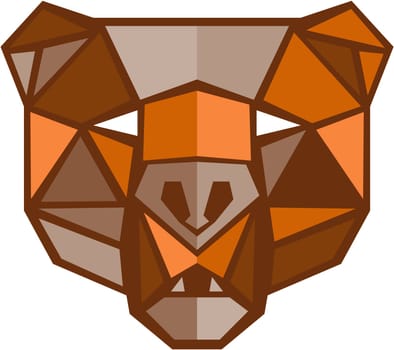 Low polygon style illustration of a brown bear head viewed from front set on isolated white background.